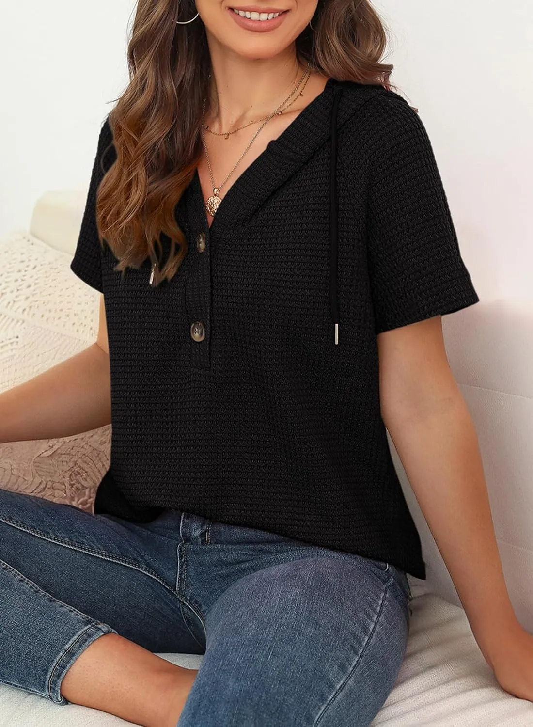 Dokotoo Womens Summer Waffle Knit Short Sleeve Tops Lightweight Drawstring Hoodies Button V Neck Casual Blouses Shirts