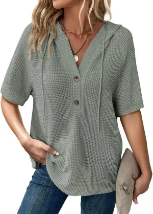 Dokotoo Womens Summer Waffle Knit Short Sleeve Tops Lightweight Drawstring Hoodies Button V Neck Casual Blouses Shirts