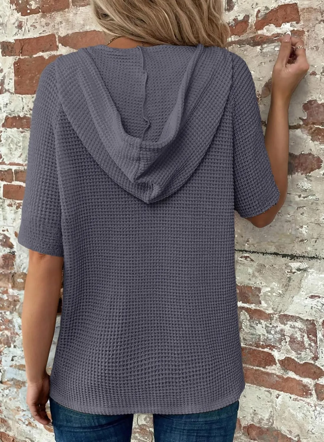 Dokotoo Womens Summer Waffle Knit Short Sleeve Tops Lightweight Drawstring Hoodies Button V Neck Casual Blouses Shirts
