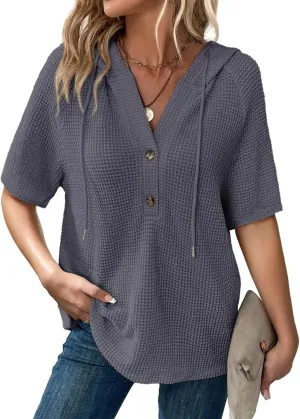 Dokotoo Womens Summer Waffle Knit Short Sleeve Tops Lightweight Drawstring Hoodies Button V Neck Casual Blouses Shirts
