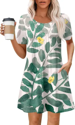Dresses for Women 2025 Cute Boho Floral Sundress Crew Neck Short Sleeve Beach Dress Swimsuit Coverup with Pockets