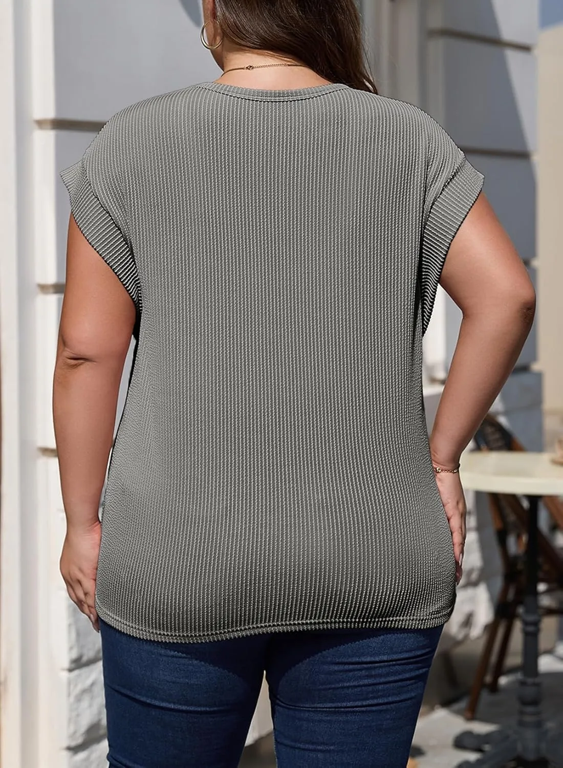 Eytino Womens Plus Size Tops Summer Cap Sleeve Crew Neck Casual Loose Solid Ribbed Knit Basic Tee Shirt(1X-5X)