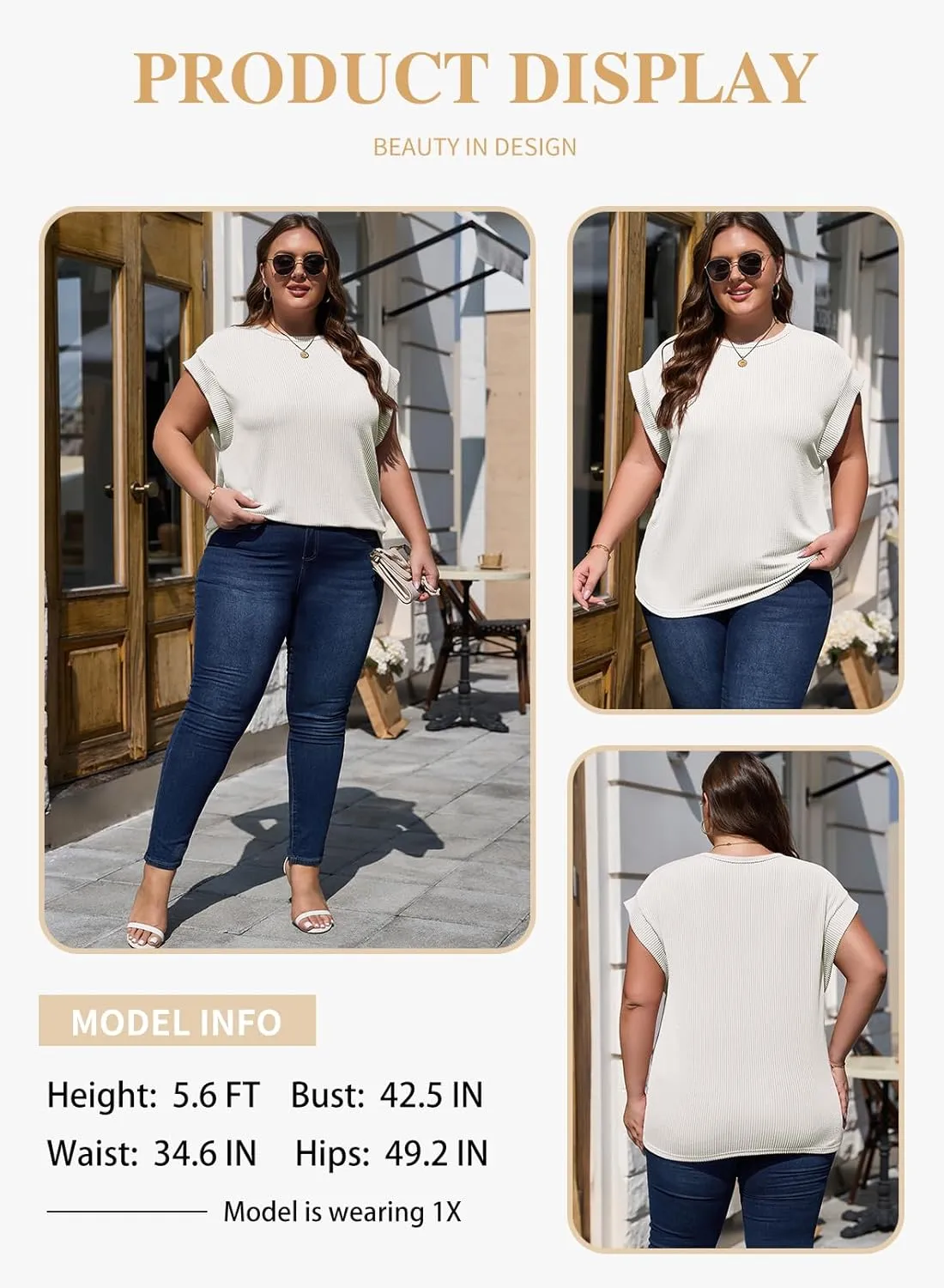 Eytino Womens Plus Size Tops Summer Cap Sleeve Crew Neck Casual Loose Solid Ribbed Knit Basic Tee Shirt(1X-5X)