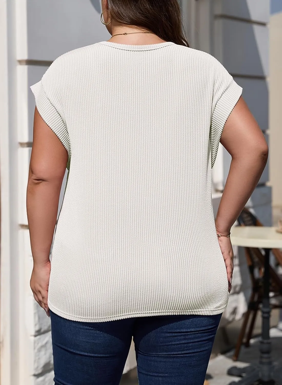 Eytino Womens Plus Size Tops Summer Cap Sleeve Crew Neck Casual Loose Solid Ribbed Knit Basic Tee Shirt(1X-5X)