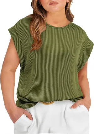 Eytino Womens Plus Size Tops Summer Cap Sleeve Crew Neck Casual Loose Solid Ribbed Knit Basic Tee Shirt(1X-5X)