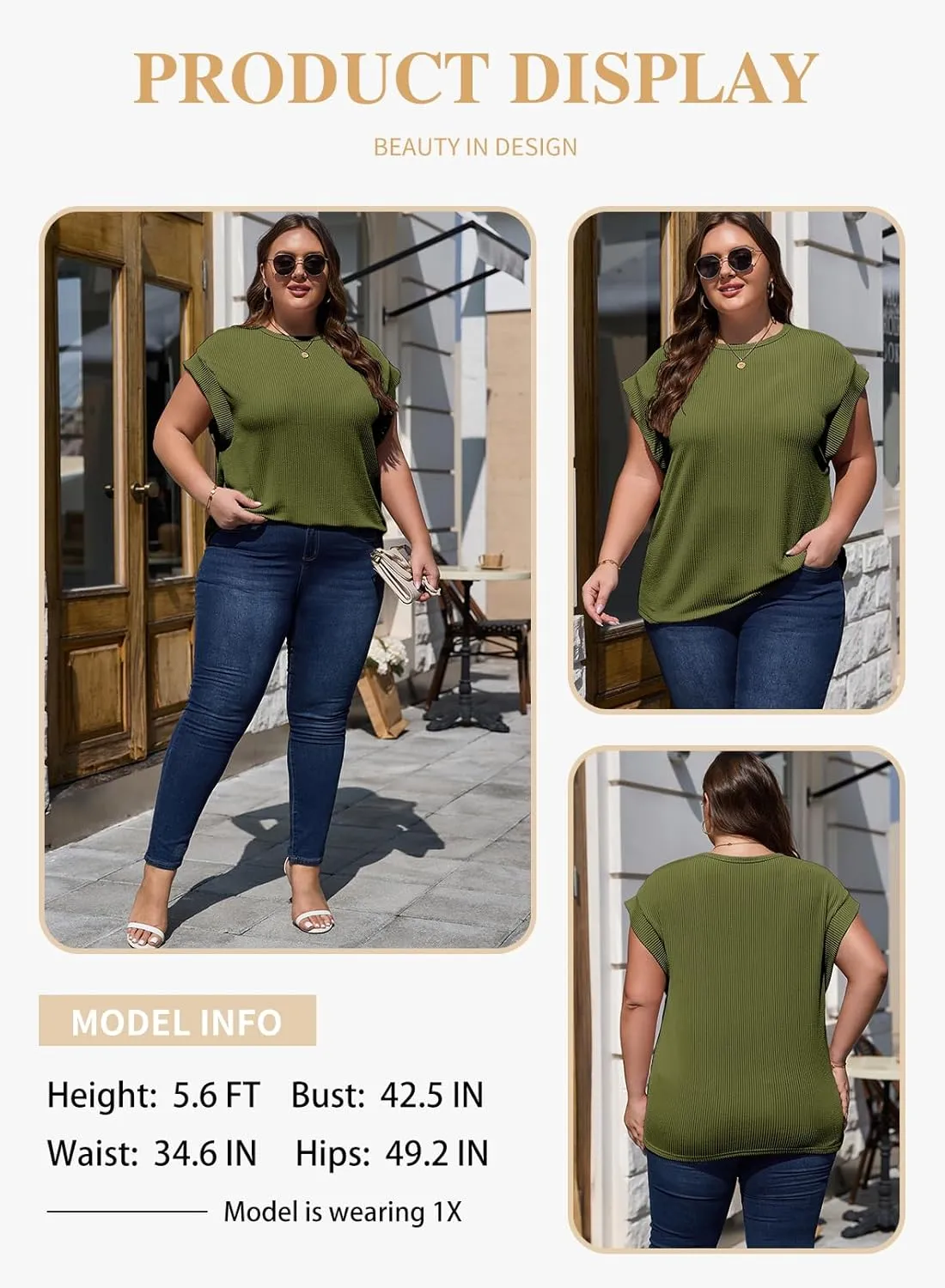 Eytino Womens Plus Size Tops Summer Cap Sleeve Crew Neck Casual Loose Solid Ribbed Knit Basic Tee Shirt(1X-5X)