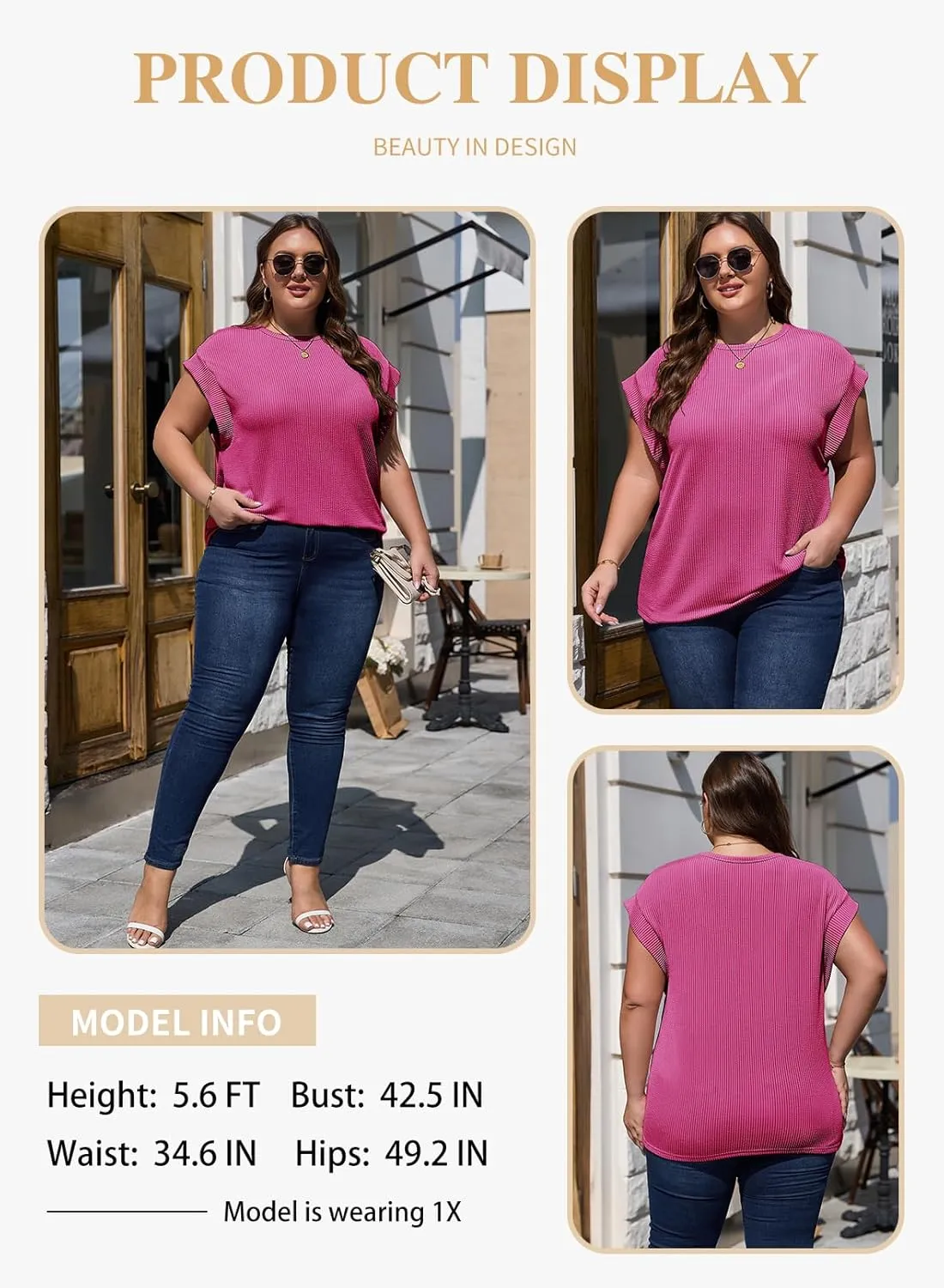 Eytino Womens Plus Size Tops Summer Cap Sleeve Crew Neck Casual Loose Solid Ribbed Knit Basic Tee Shirt(1X-5X)
