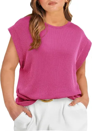 Eytino Womens Plus Size Tops Summer Cap Sleeve Crew Neck Casual Loose Solid Ribbed Knit Basic Tee Shirt(1X-5X)