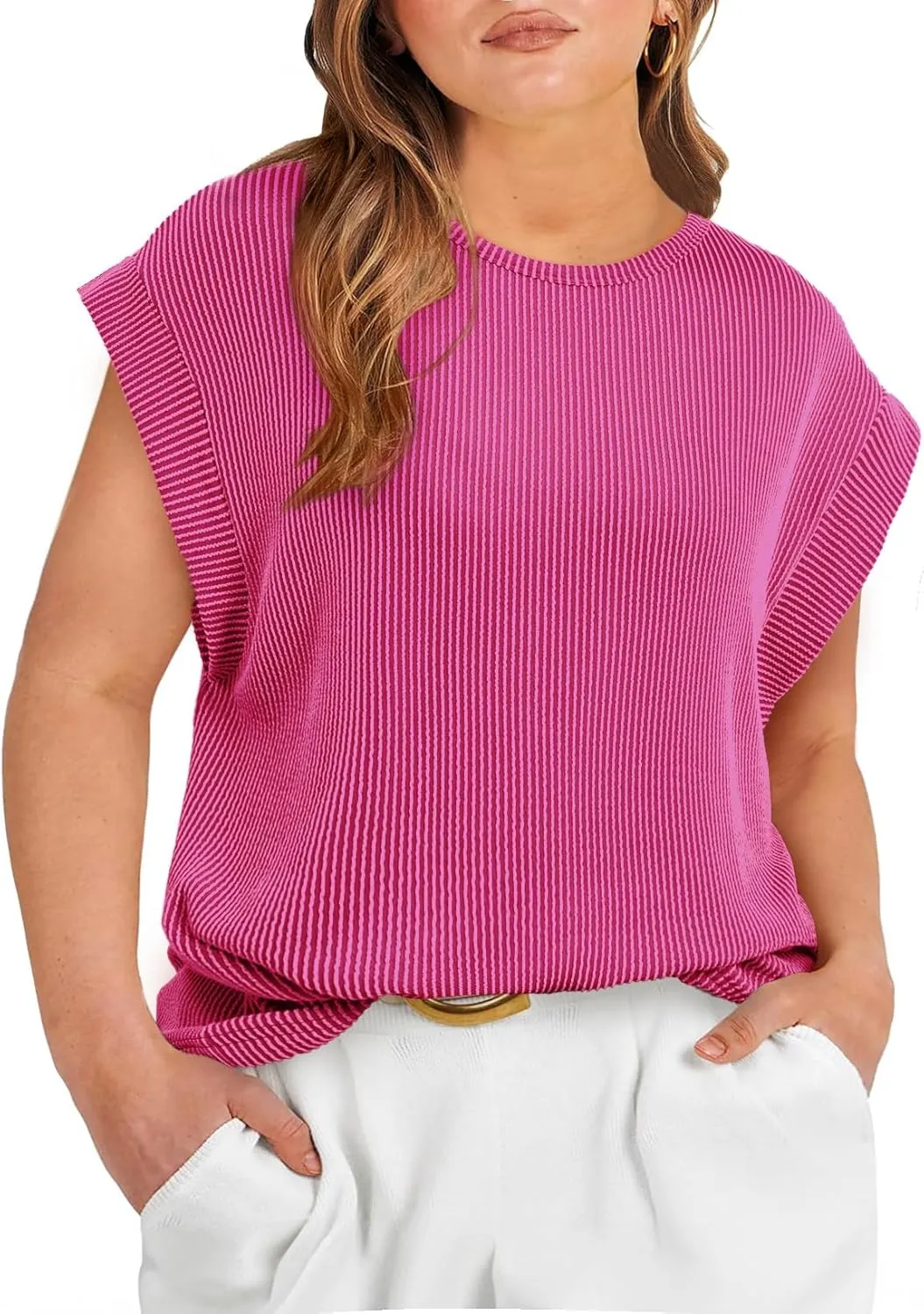 Eytino Womens Plus Size Tops Summer Cap Sleeve Crew Neck Casual Loose Solid Ribbed Knit Basic Tee Shirt(1X-5X)