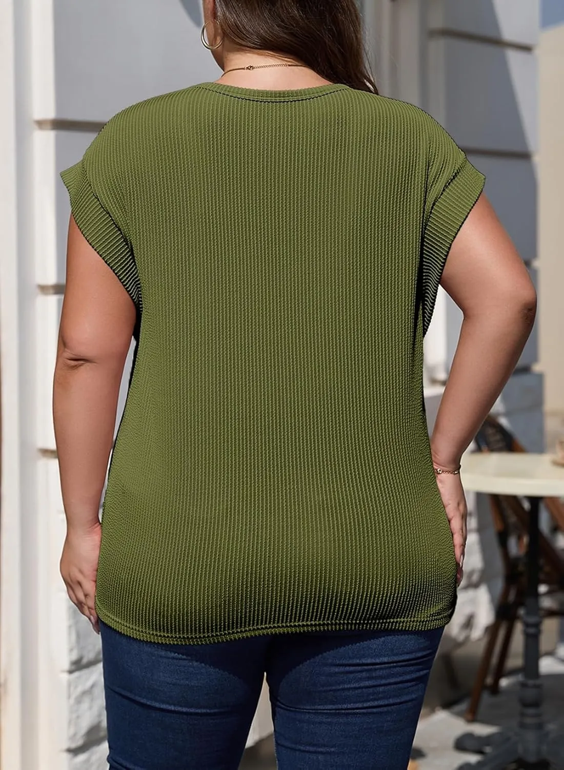 Eytino Womens Plus Size Tops Summer Cap Sleeve Crew Neck Casual Loose Solid Ribbed Knit Basic Tee Shirt(1X-5X)