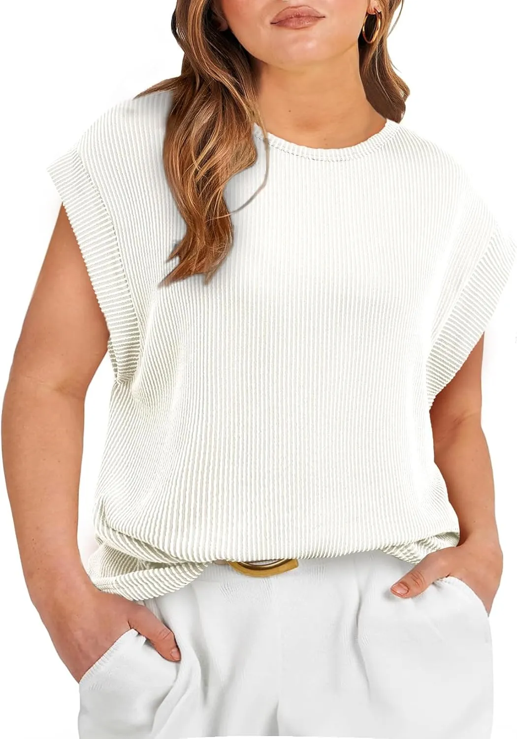 Eytino Womens Plus Size Tops Summer Cap Sleeve Crew Neck Casual Loose Solid Ribbed Knit Basic Tee Shirt(1X-5X)