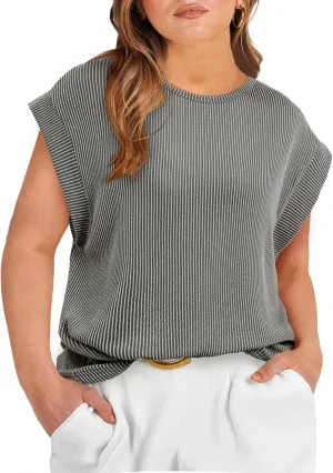 Eytino Womens Plus Size Tops Summer Cap Sleeve Crew Neck Casual Loose Solid Ribbed Knit Basic Tee Shirt(1X-5X)