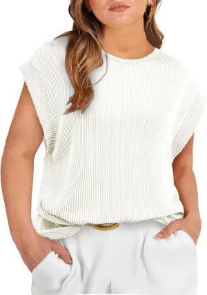 Eytino Womens Plus Size Tops Summer Cap Sleeve Crew Neck Casual Loose Solid Ribbed Knit Basic Tee Shirt(1X-5X)