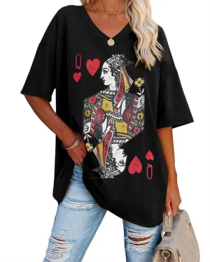 Fazortev Womens Oversized Queen Of Hearts Graphic T Shirts Casual V Neck Half Sleeve Summer Loose Tees Tunic Tops