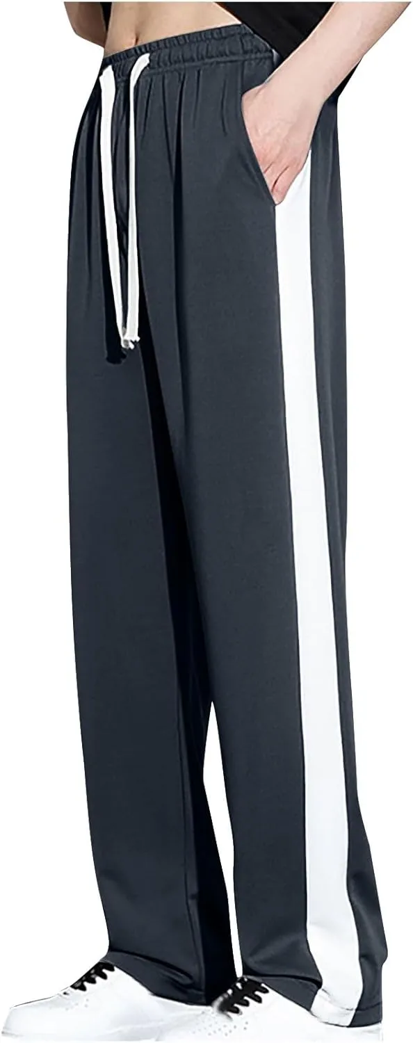 Finelylove Mens Pants Silk Casual Pants Ealstic Waist Drawstring Lounge Pants Wide Leg Baggy Pants Color Block Trousers