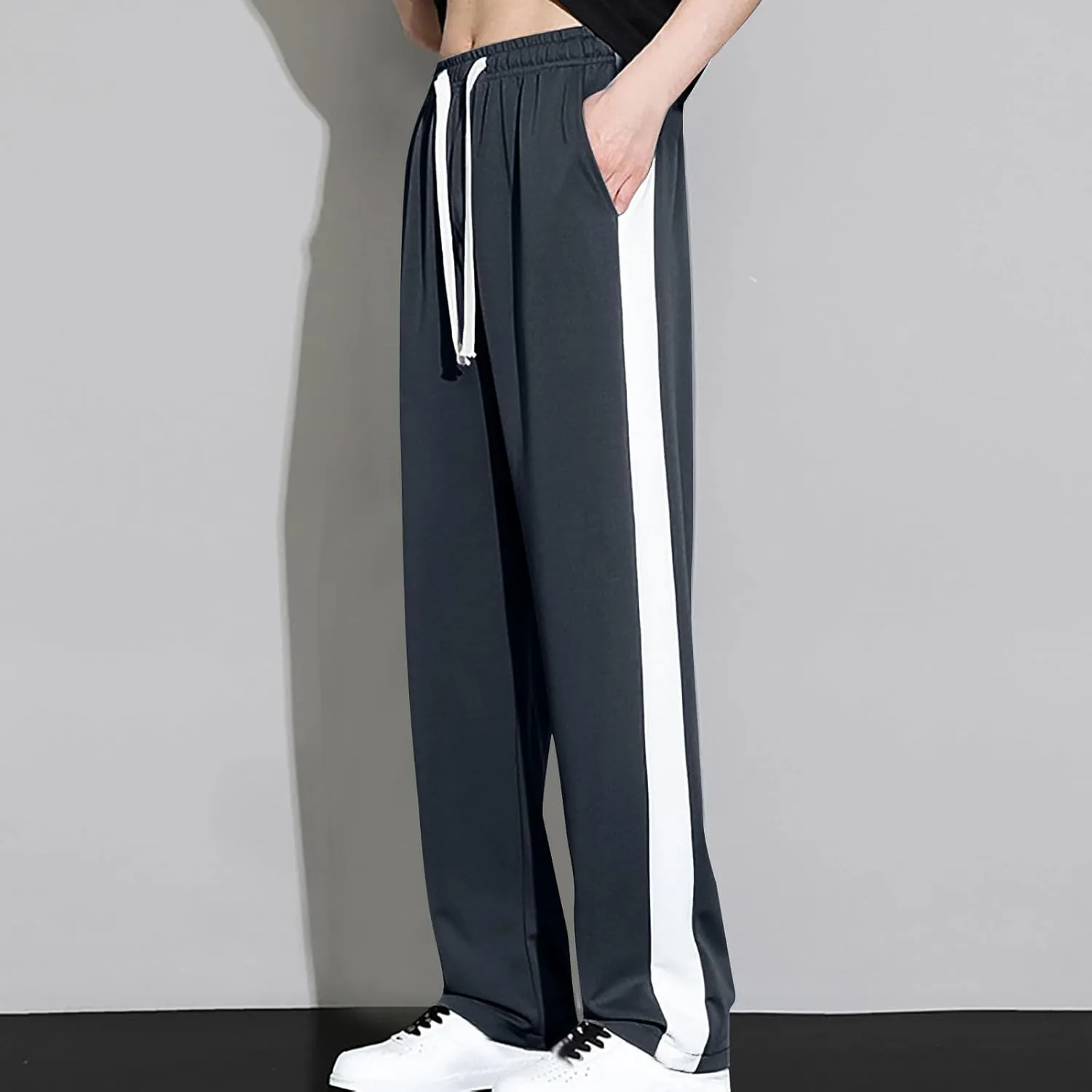 Finelylove Mens Pants Silk Casual Pants Ealstic Waist Drawstring Lounge Pants Wide Leg Baggy Pants Color Block Trousers