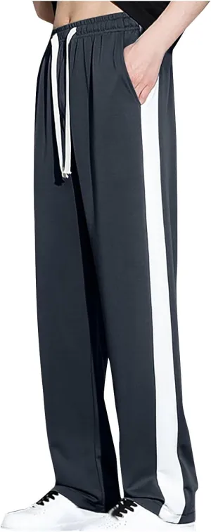 Finelylove Mens Pants Silk Casual Pants Ealstic Waist Drawstring Lounge Pants Wide Leg Baggy Pants Color Block Trousers