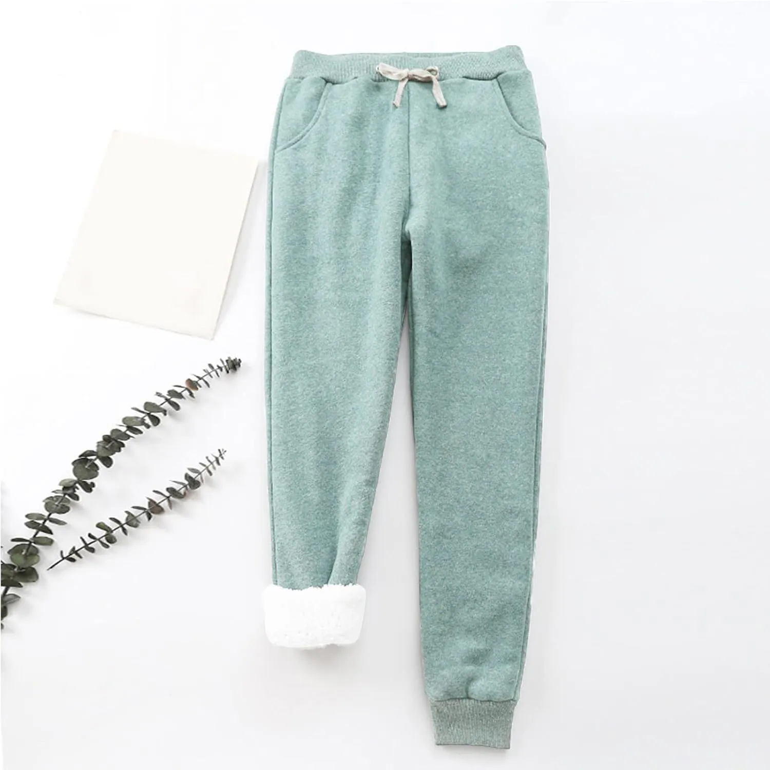 Fleece Lined Pants Women with Pockets Keep Warm Trousers Pants High Waist Stretchy Lined Thermal Full Fleece Pants