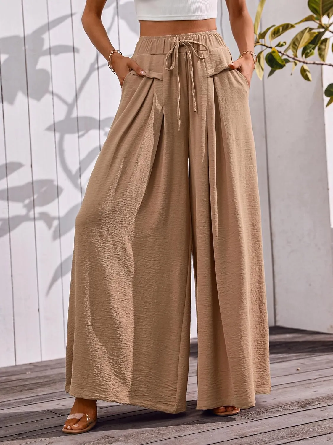Flowy Wide Leg Palazzo Pants for Women Dressy Summer Casual Elastic Waist Lounge Long Trousers with Pocket