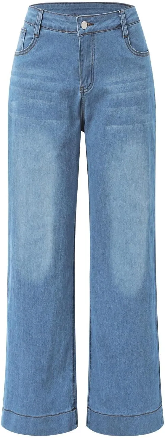FZVYD Womens Wide Leg Jeans High Waisted Stretchy Trendy Casual Work Denim Pants Trousers Stretch Loose Trousers with Pockets