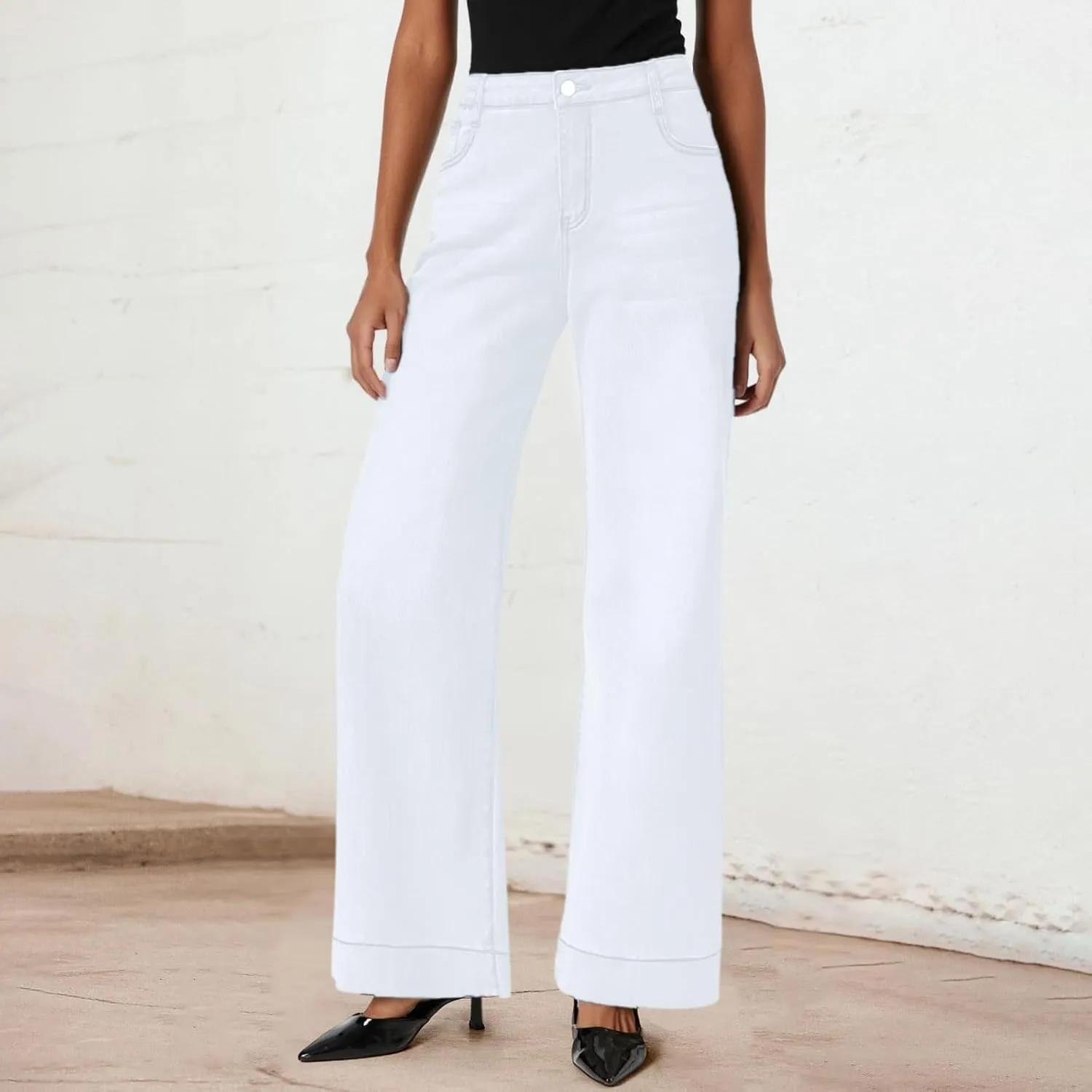 FZVYD Womens Wide Leg Jeans High Waisted Stretchy Trendy Casual Work Denim Pants Trousers Stretch Loose Trousers with Pockets