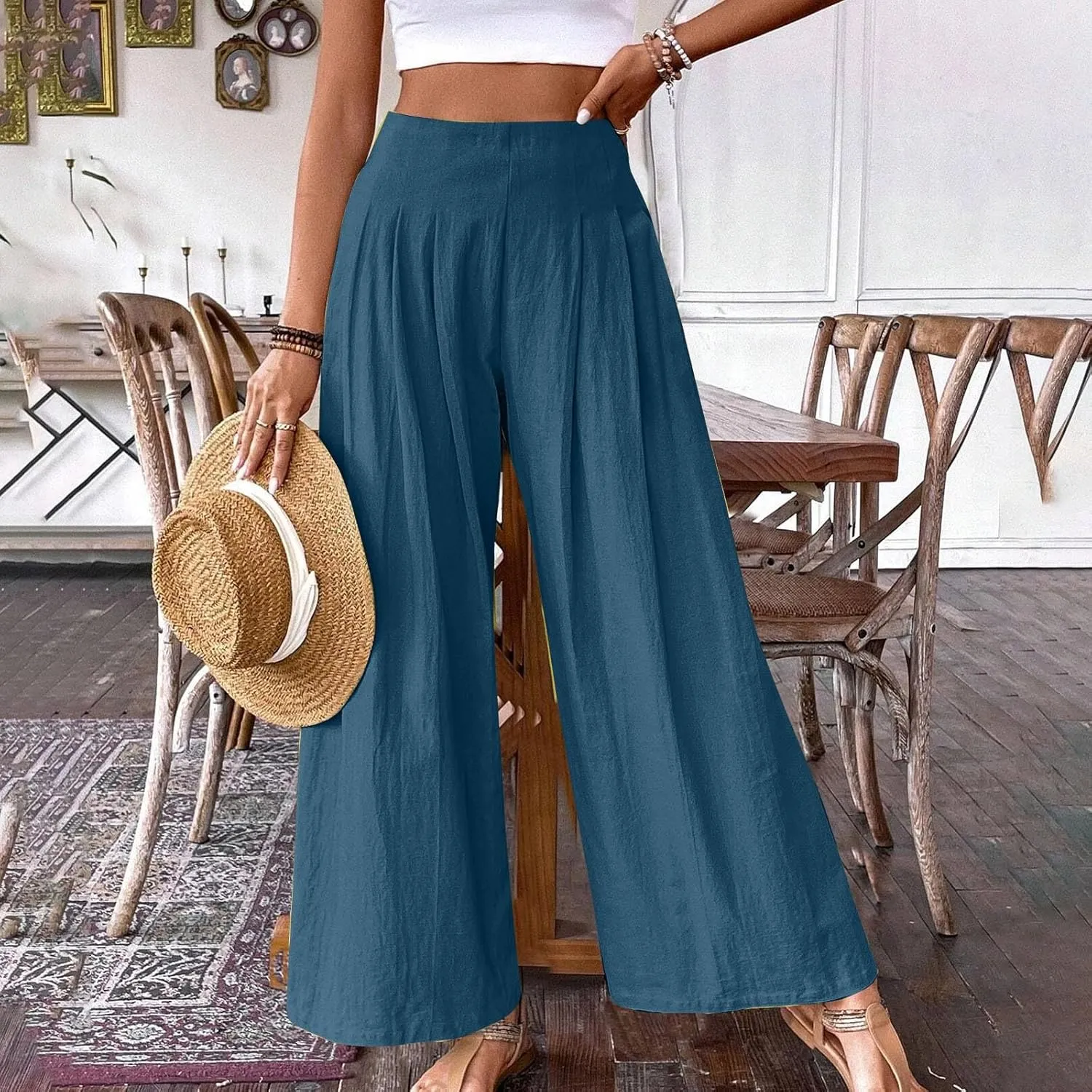 FZYLQY Linen Pants Women High Waisted Wide Leg Pants Summer Vacation Pants Boho Casual Palazzo Pants Lounge Beach Trousers