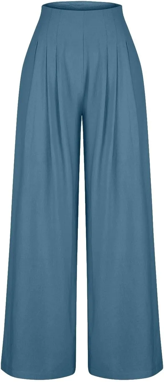 FZYLQY Linen Pants Women High Waisted Wide Leg Pants Summer Vacation Pants Boho Casual Palazzo Pants Lounge Beach Trousers