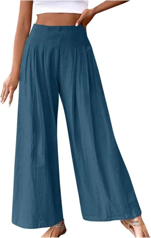FZYLQY Linen Pants Women High Waisted Wide Leg Pants Summer Vacation Pants Boho Casual Palazzo Pants Lounge Beach Trousers