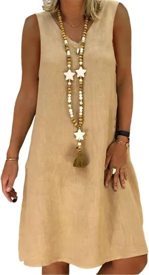 Geleglaer Women's Summer Cotton Linen Sleeveless Beach Sun Dress Casual Loose Solid V Neck Midi Tank Dress for Women 2025