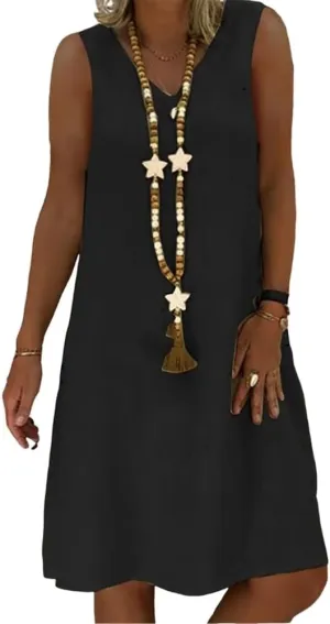 Geleglaer Women's Summer Cotton Linen Sleeveless Beach Sun Dress Casual Loose Solid V Neck Midi Tank Dress for Women 2025