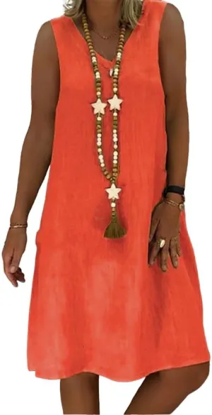 Geleglaer Women's Summer Cotton Linen Sleeveless Beach Sun Dress Casual Loose Solid V Neck Midi Tank Dress for Women 2025