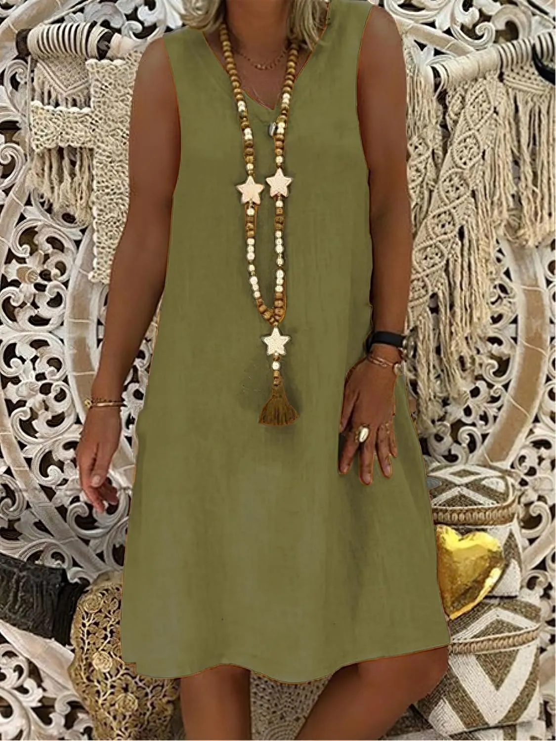 Geleglaer Women's Summer Cotton Linen Sleeveless Beach Sun Dress Casual Loose Solid V Neck Midi Tank Dress for Women 2025