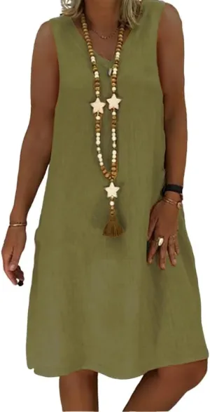Geleglaer Women's Summer Cotton Linen Sleeveless Beach Sun Dress Casual Loose Solid V Neck Midi Tank Dress for Women 2025