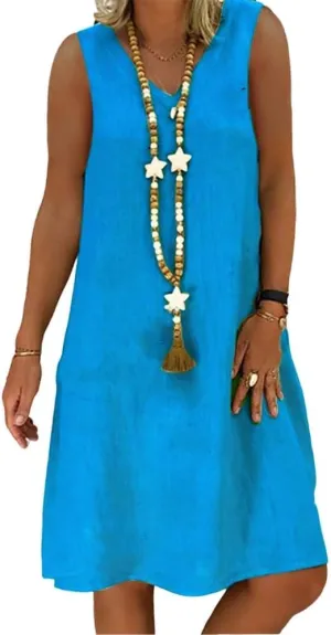 Geleglaer Women's Summer Cotton Linen Sleeveless Beach Sun Dress Casual Loose Solid V Neck Midi Tank Dress for Women 2025
