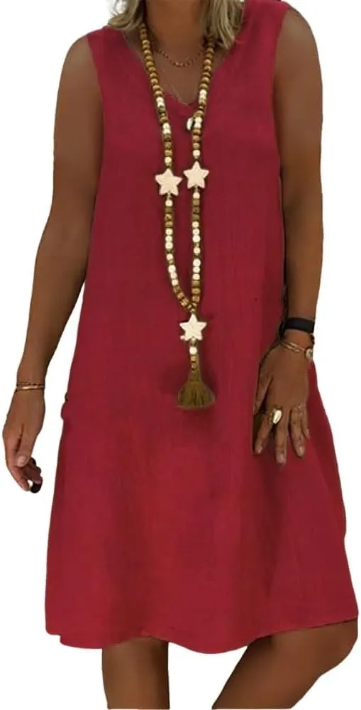 Geleglaer Women's Summer Cotton Linen Sleeveless Beach Sun Dress Casual Loose Solid V Neck Midi Tank Dress for Women 2025