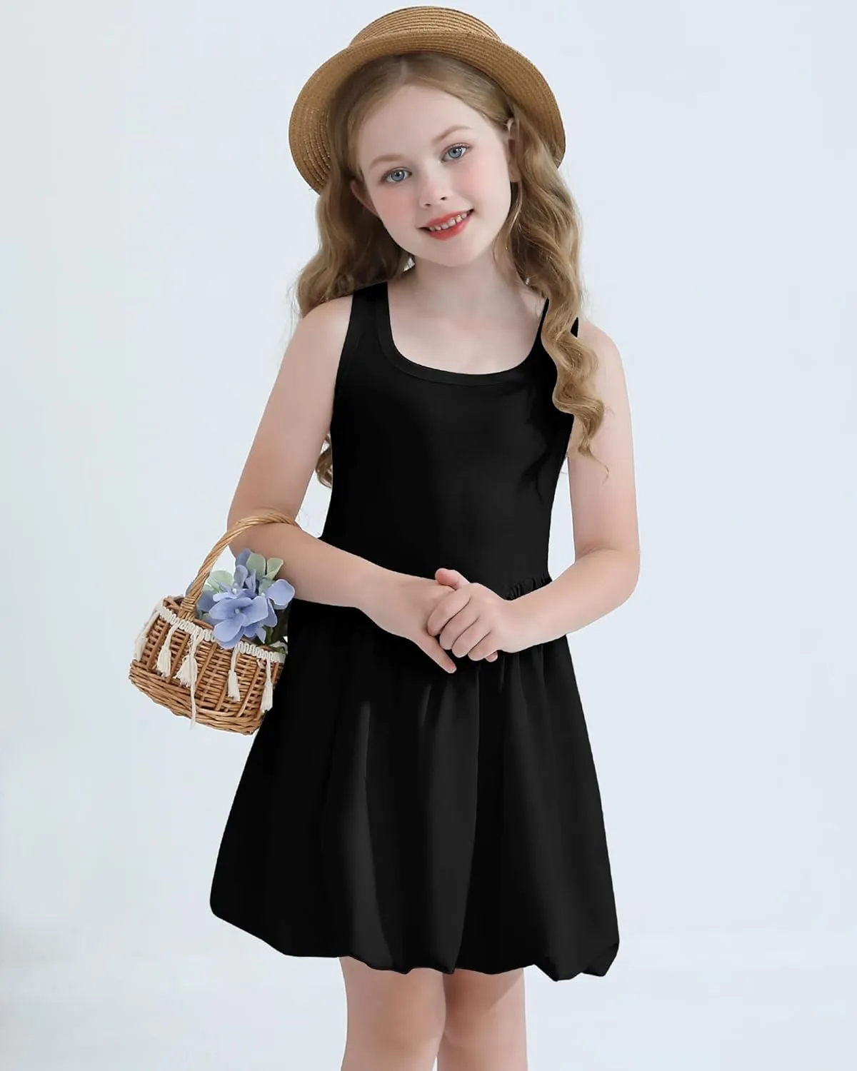 Girls Summer Dresses Tween Sleeveless Bubble Hem Sundress Casual Beach Vacation with Pockets for 7-12 Years