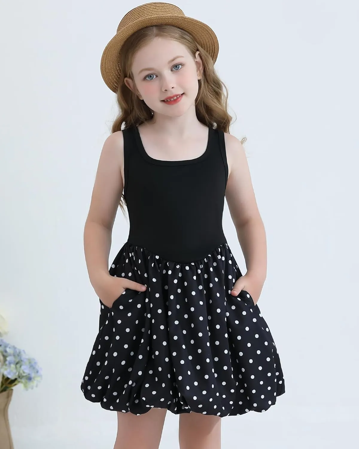 Girls Summer Dresses Tween Sleeveless Bubble Hem Sundress Casual Beach Vacation with Pockets for 7-12 Years