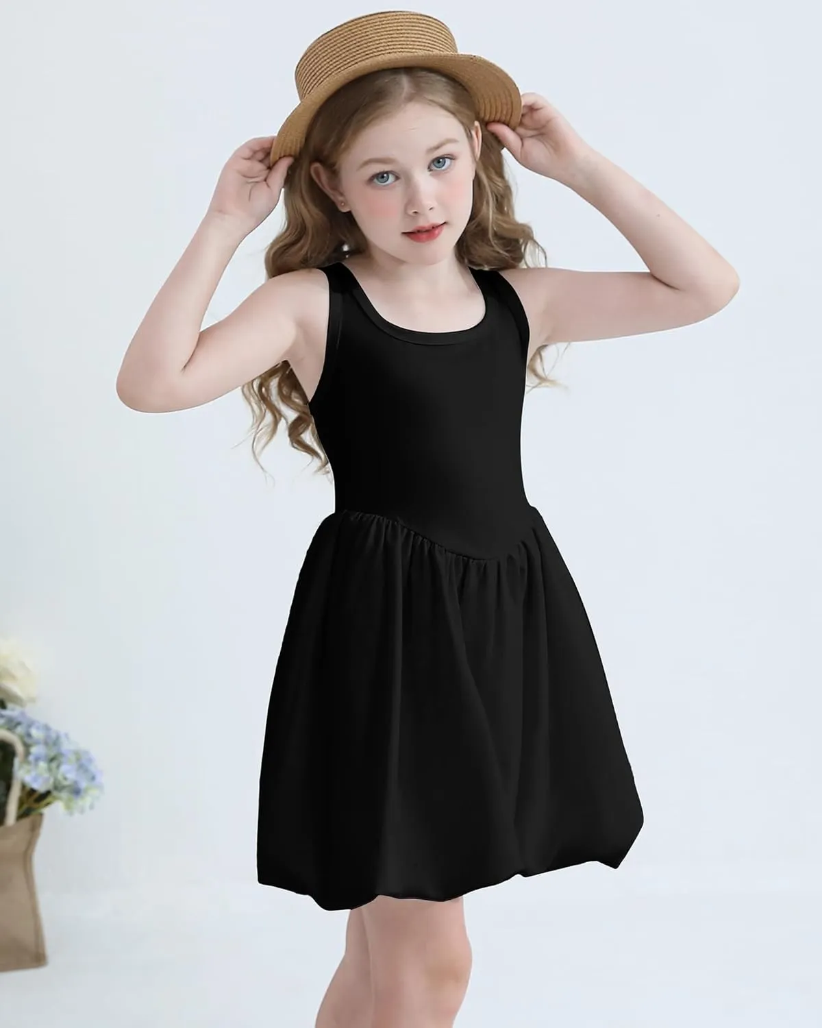 Girls Summer Dresses Tween Sleeveless Bubble Hem Sundress Casual Beach Vacation with Pockets for 7-12 Years