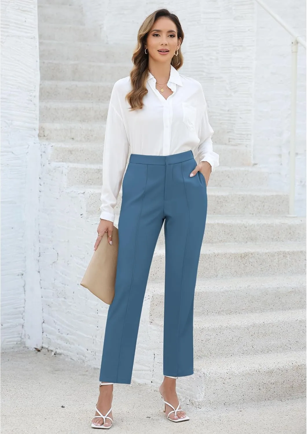 GRAPENT Dress Pants Women High Waisted Work Pants Dressy Casual Straight Leg Elastic Waist Cropped Trousers Ankle Slacks