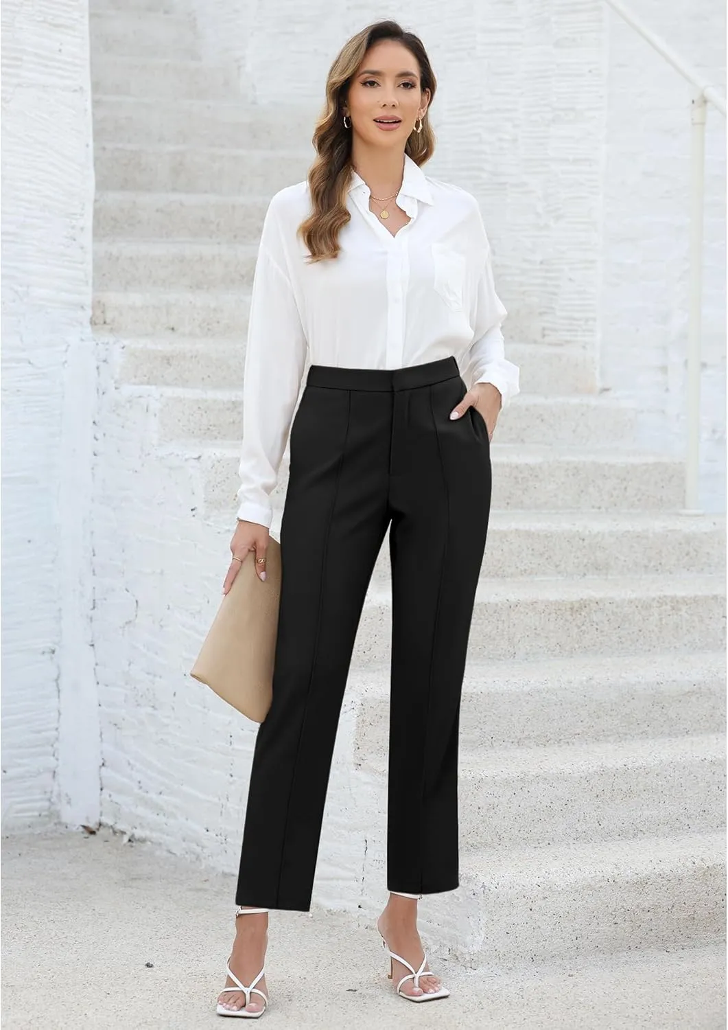 GRAPENT Dress Pants Women High Waisted Work Pants Dressy Casual Straight Leg Elastic Waist Cropped Trousers Ankle Slacks