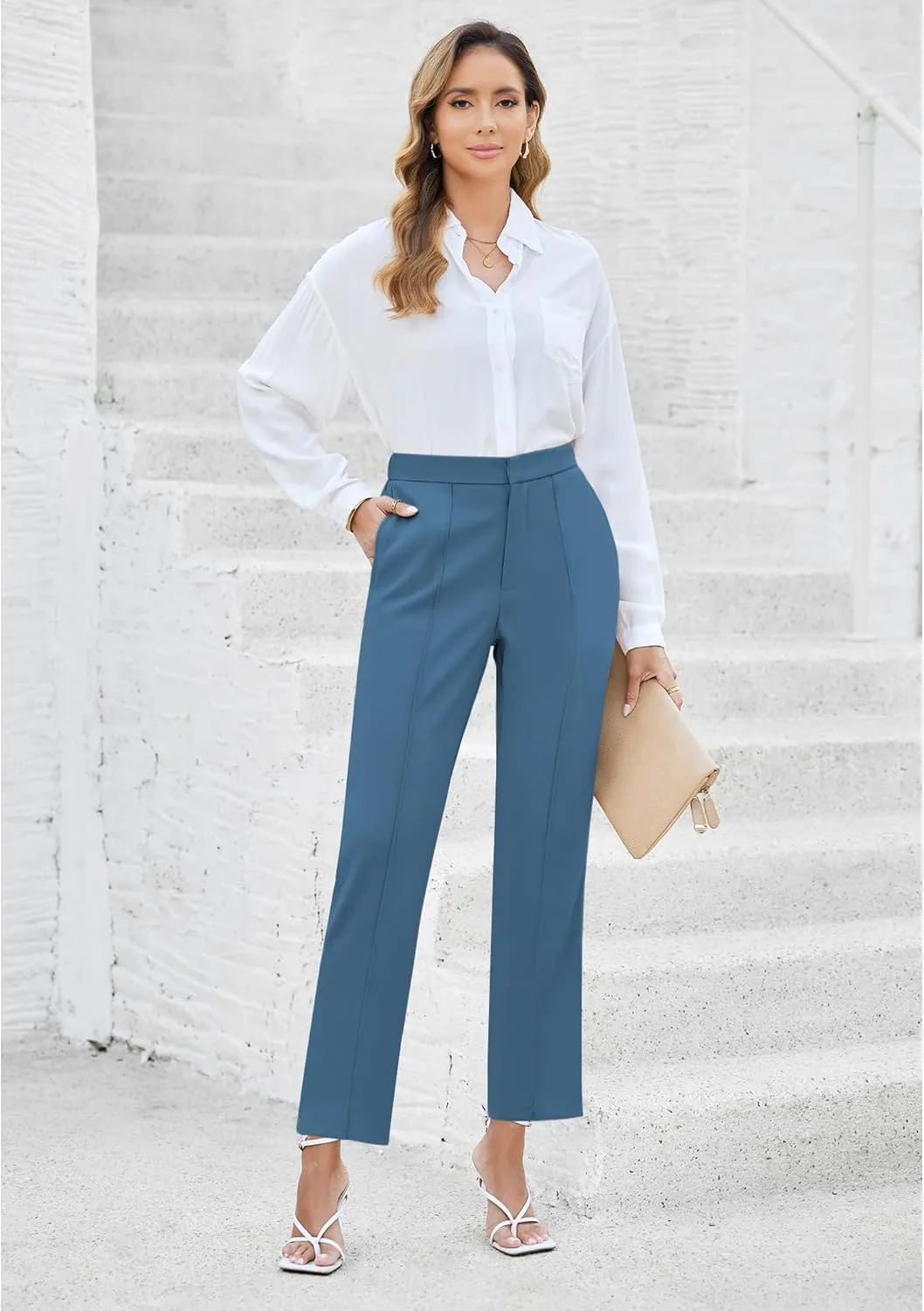 GRAPENT Dress Pants Women High Waisted Work Pants Dressy Casual Straight Leg Elastic Waist Cropped Trousers Ankle Slacks