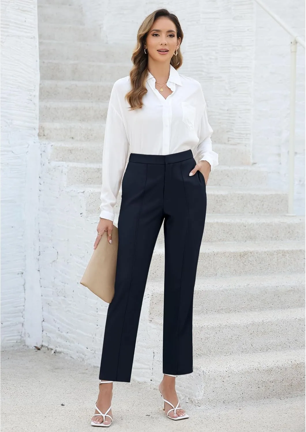 GRAPENT Dress Pants Women High Waisted Work Pants Dressy Casual Straight Leg Elastic Waist Cropped Trousers Ankle Slacks