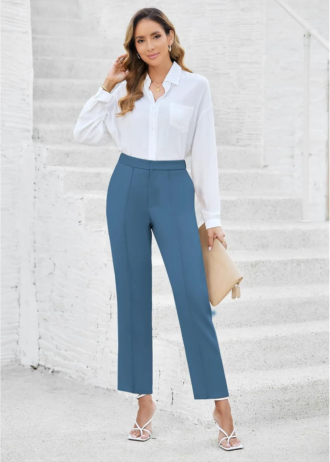 GRAPENT Dress Pants Women High Waisted Work Pants Dressy Casual Straight Leg Elastic Waist Cropped Trousers Ankle Slacks