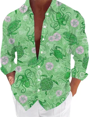 Graphic Button Down Tee Shirts for Men Long Sleeve Roll Up Wrinkle Free Summer Floral Turtle Print Vacation Tee Top
