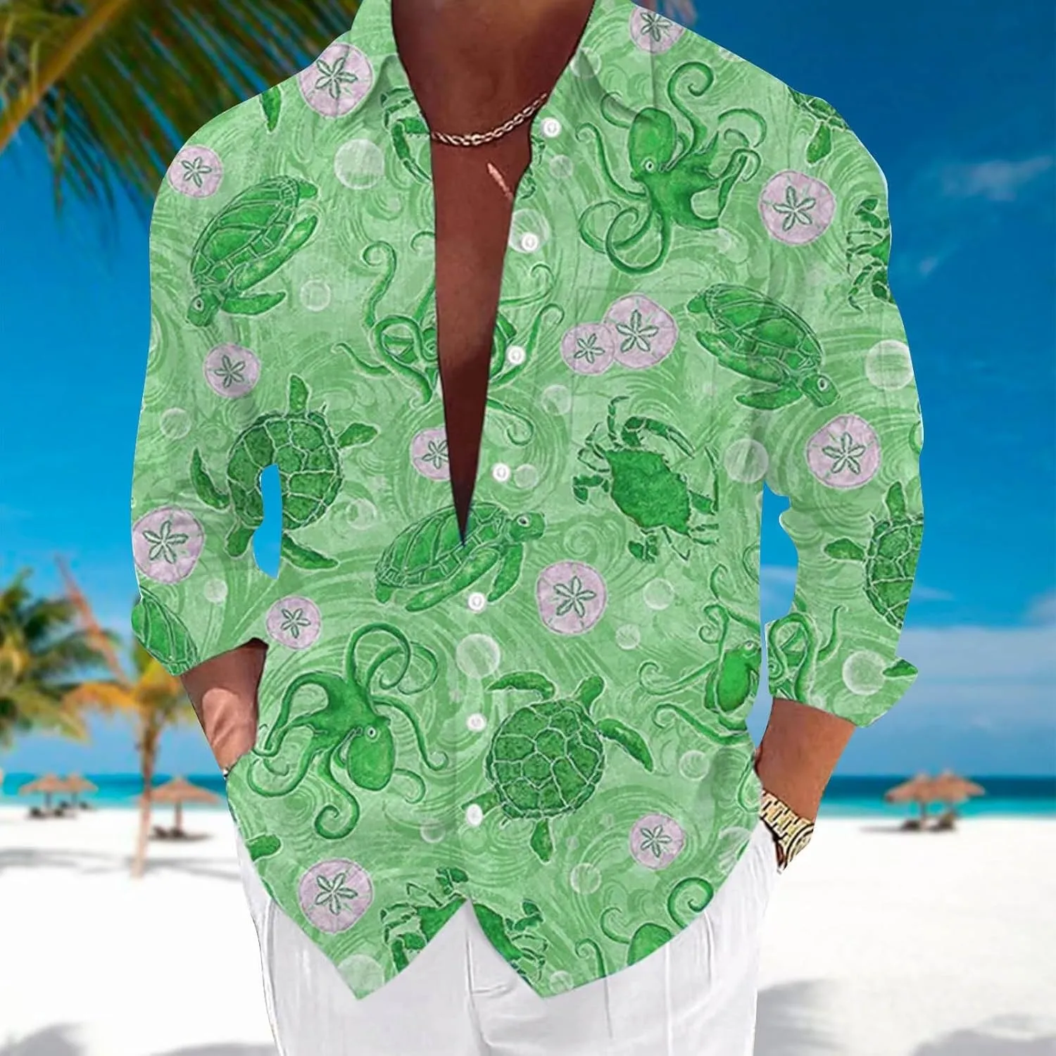 Graphic Button Down Tee Shirts for Men Long Sleeve Roll Up Wrinkle Free Summer Floral Turtle Print Vacation Tee Top