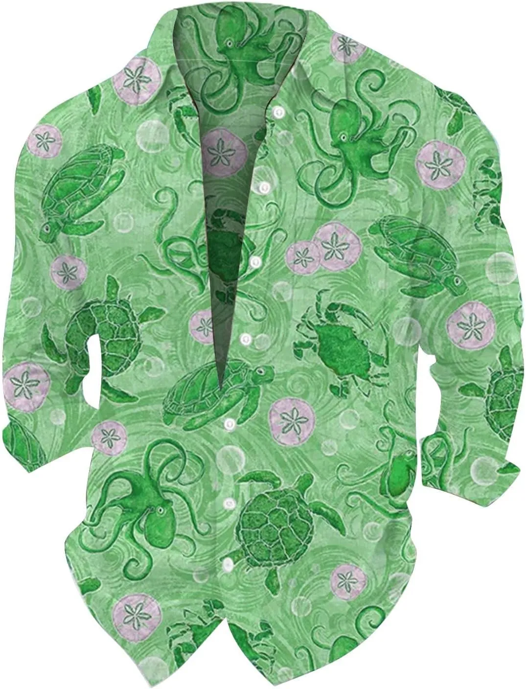Graphic Button Down Tee Shirts for Men Long Sleeve Roll Up Wrinkle Free Summer Floral Turtle Print Vacation Tee Top
