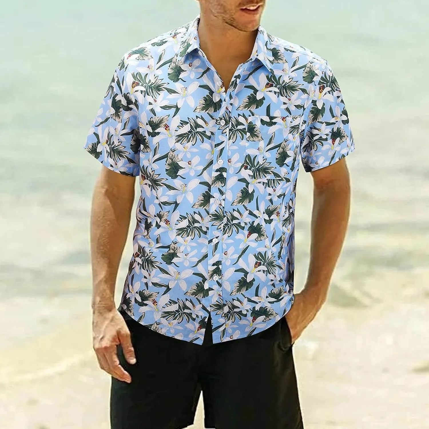 Hawaiian Shirt for Men Short Sleeve Button Down Linen Shirts Lightweight Loose Vacation Clothes Aloha