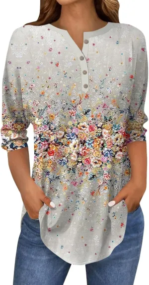 Henley Summer Shirts 3/4 Length Sleeve Womens Tops Vintage Print Casual Trendy Loose Fit 2025 Tunic Blouses
