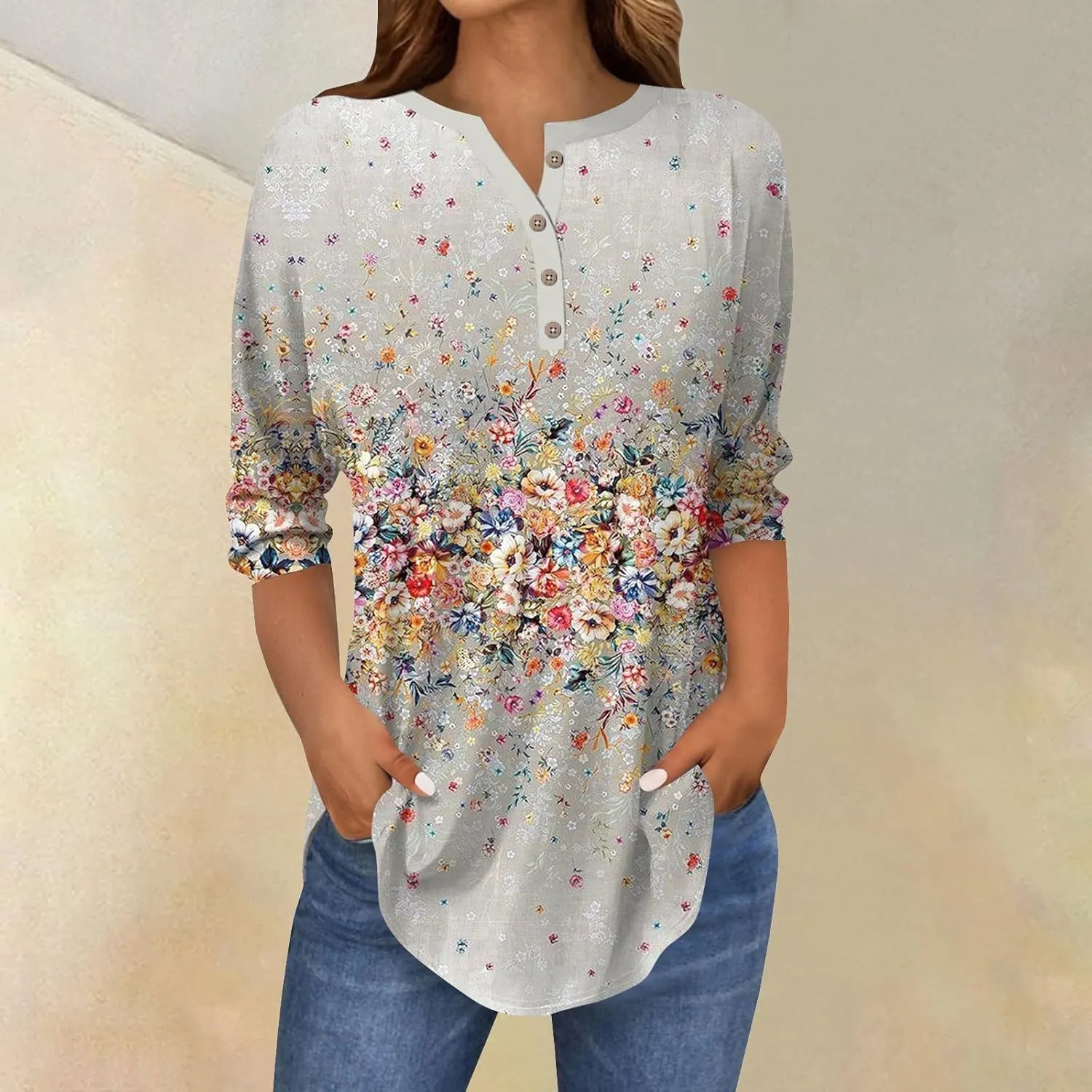 Henley Summer Shirts 3/4 Length Sleeve Womens Tops Vintage Print Casual Trendy Loose Fit 2025 Tunic Blouses