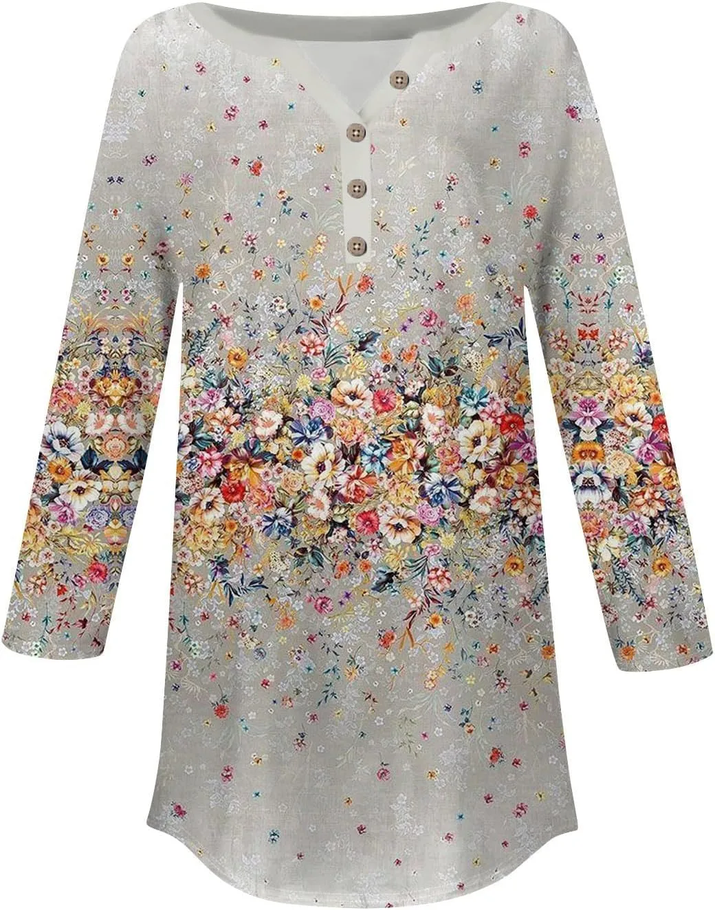 Henley Summer Shirts 3/4 Length Sleeve Womens Tops Vintage Print Casual Trendy Loose Fit 2025 Tunic Blouses